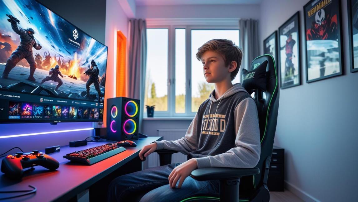 Teen UK gamer streaming eSports via IPTV in a stylish bedroom setup.