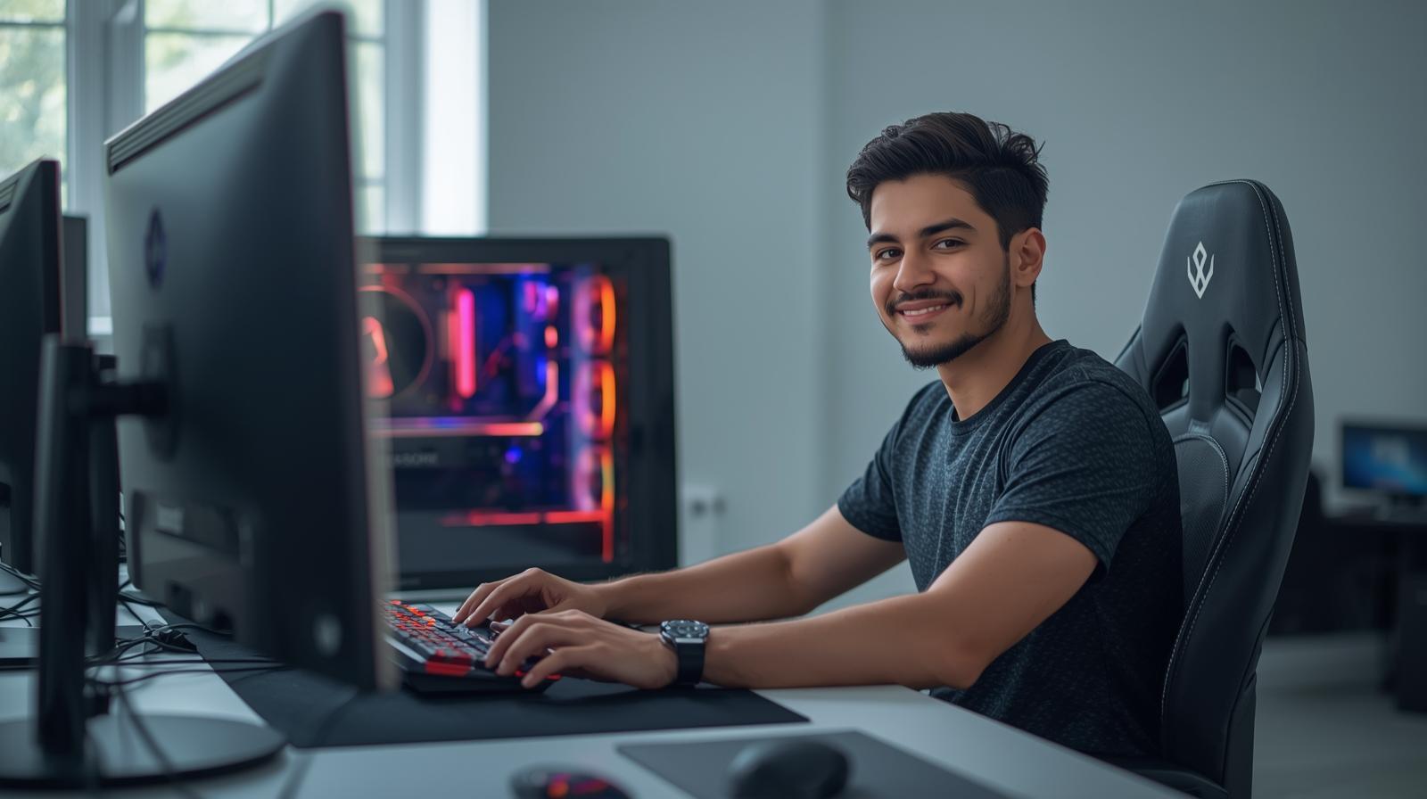 Gamer sitting confidently beside a clean, secure Windows gaming PC setup.